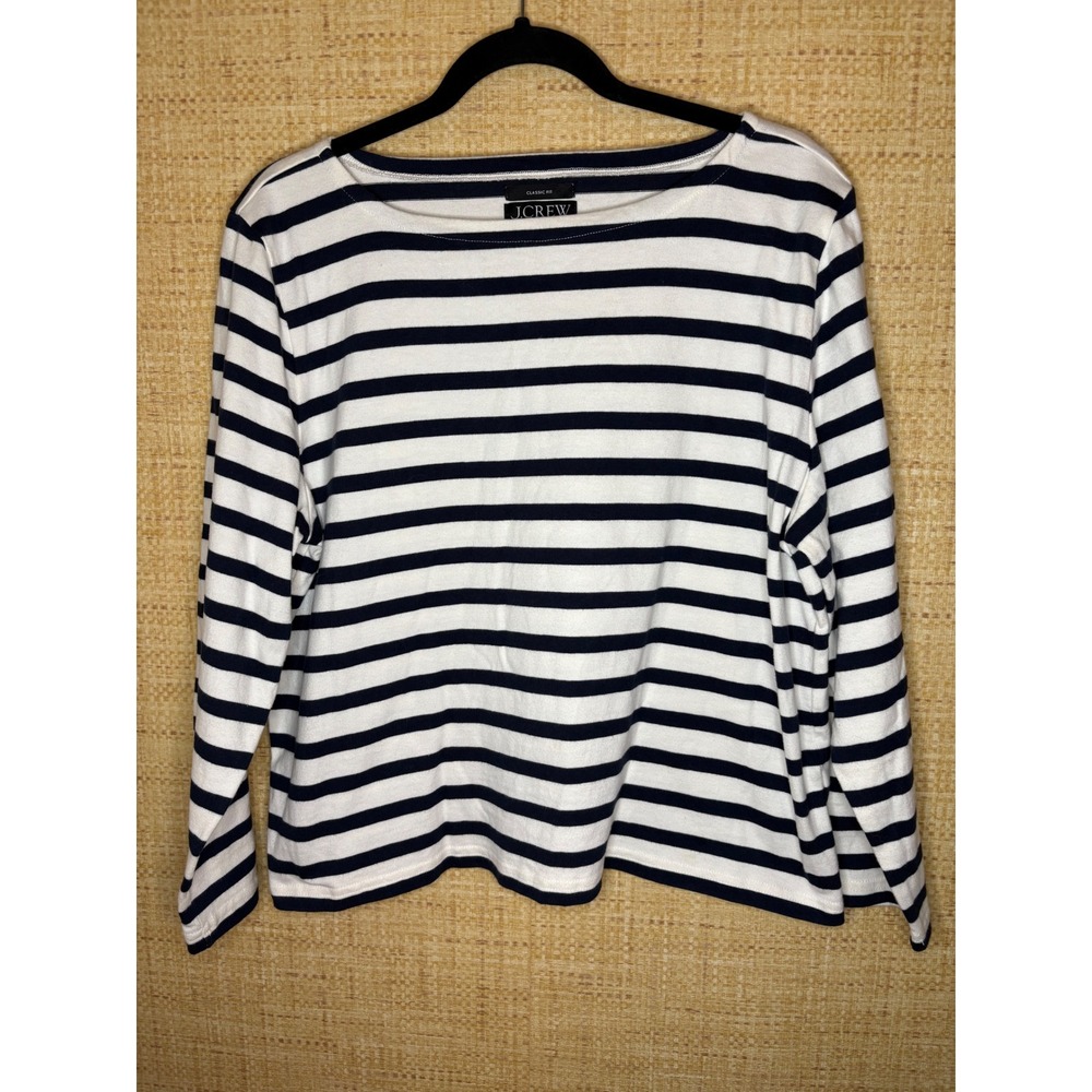 J.Crew Womens XL Navy Blue White Striped Long Sleeve Boat Neck Cotton Tee Shirt
